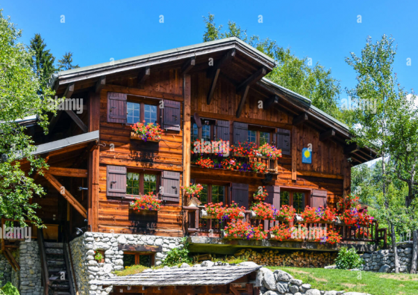 Villa dengan tiang-tiang kayu bergaya Swiss